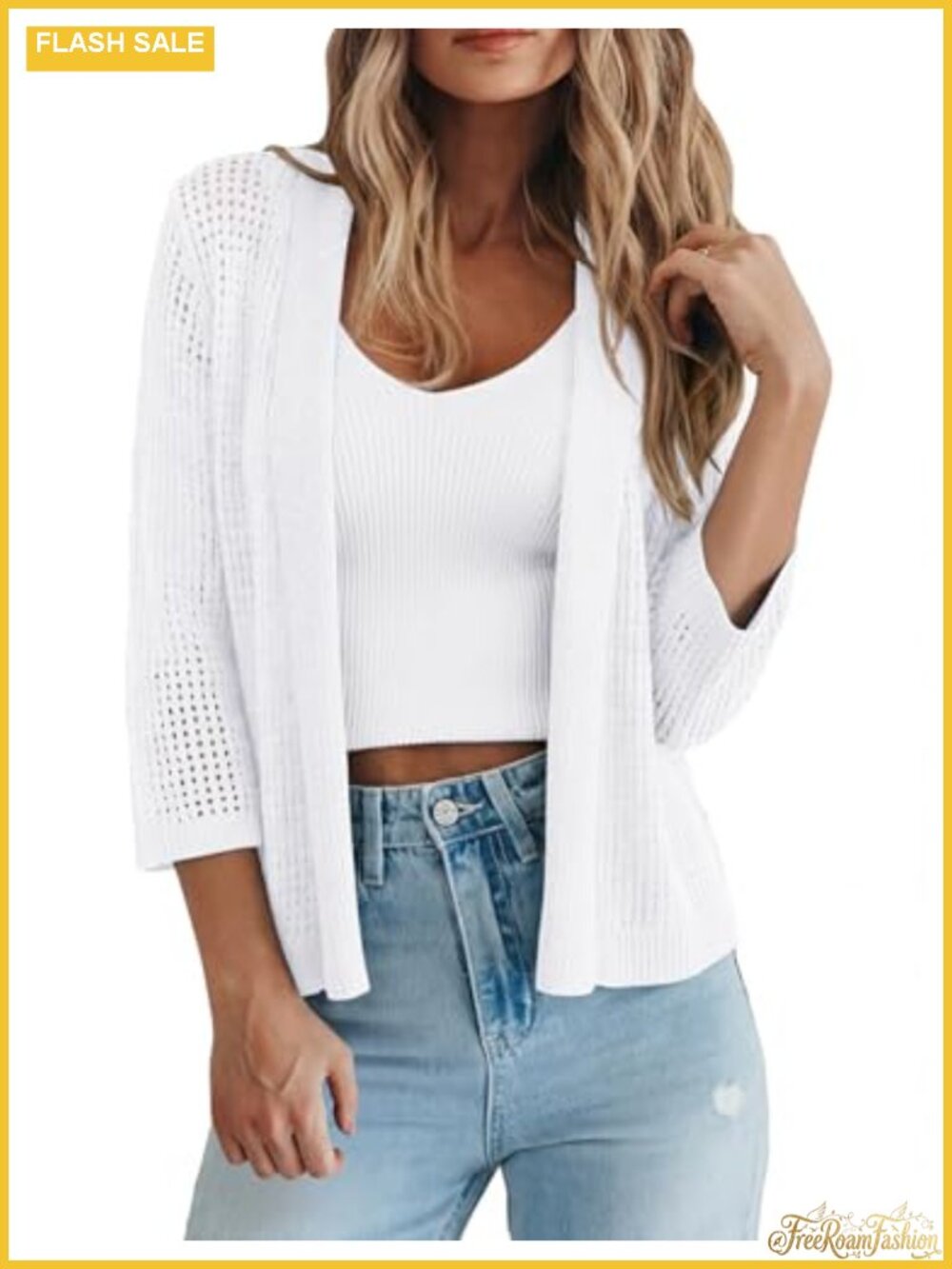 Women's 3/4 Sleeve Knit Shrug Cardigan Openwork Sweater